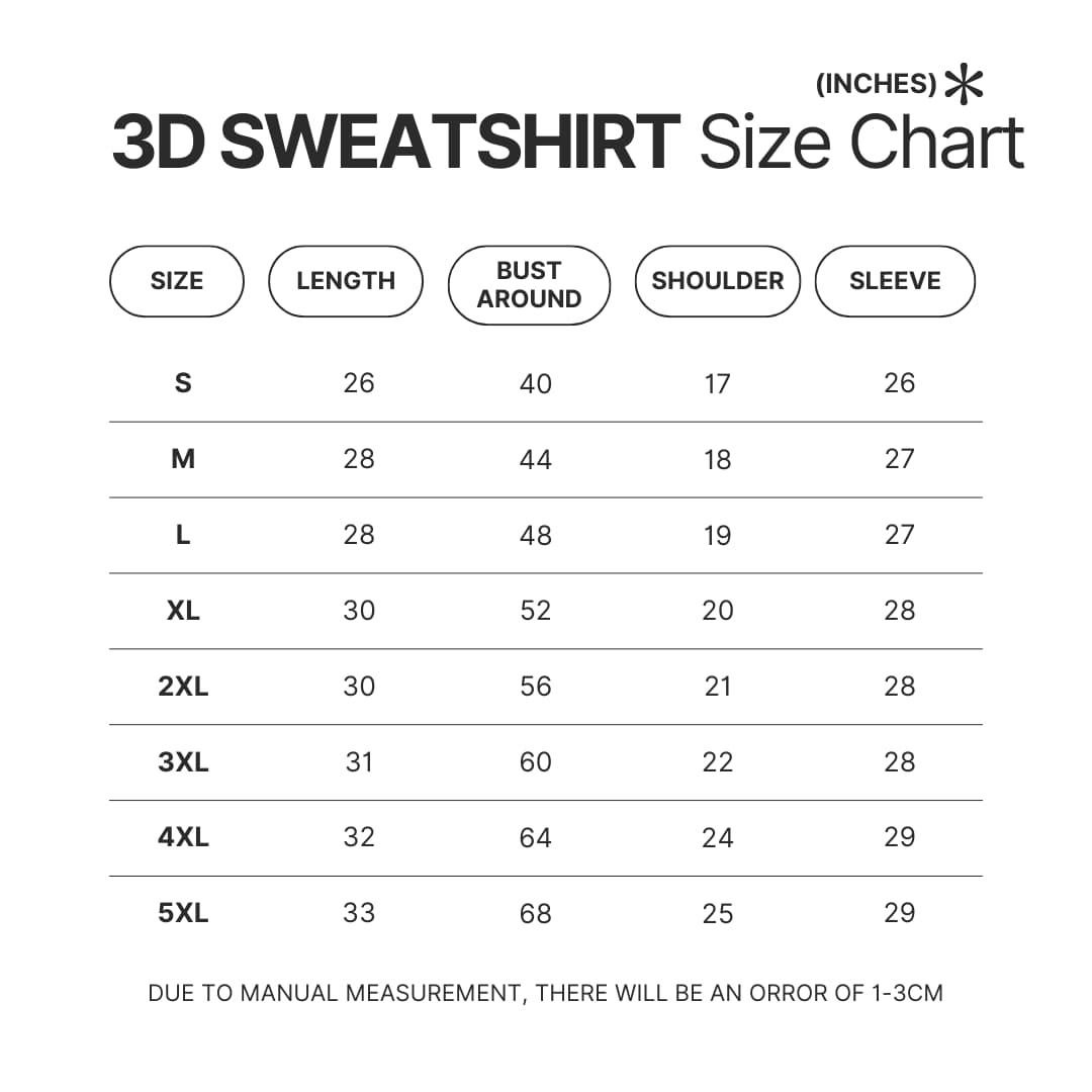 3D Sweatshirt Size Chart - Pierce The Veil Store