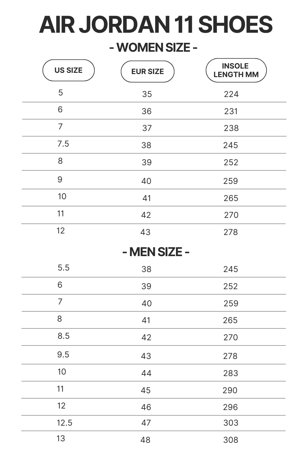 Air Jordan 11 Shoes Size Chart - Pierce The Veil Store