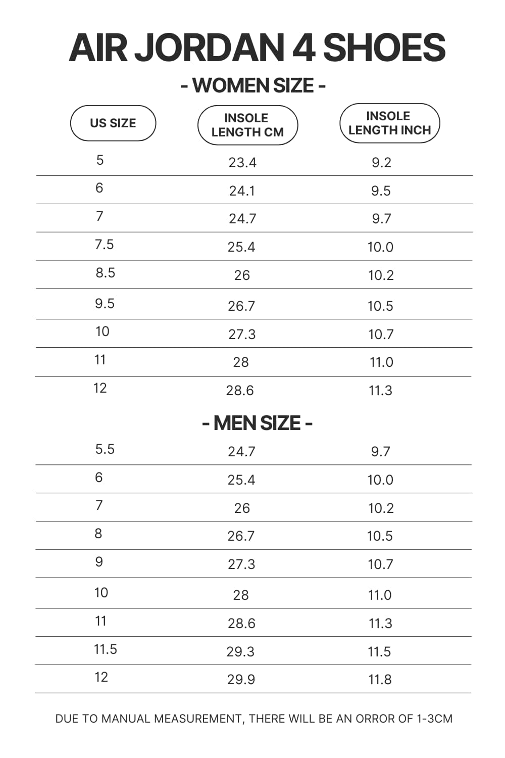 Air Jordan 4 Shoes Size Chart - Pierce The Veil Store