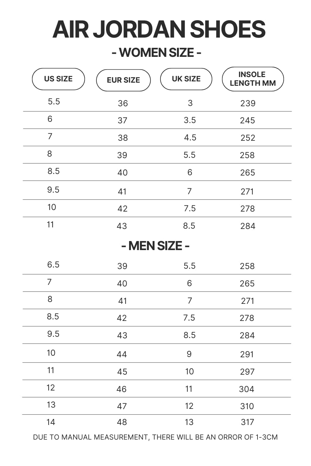 Air Jordan Shoes Size Chart - Pierce The Veil Store