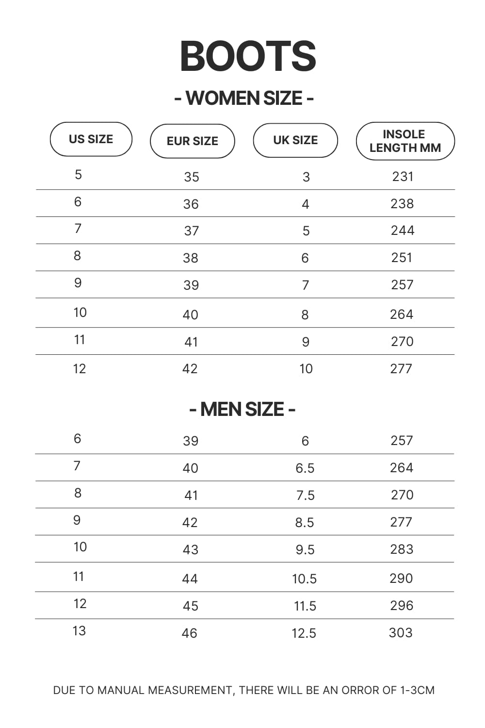 Boots Size Chart - Pierce The Veil Store