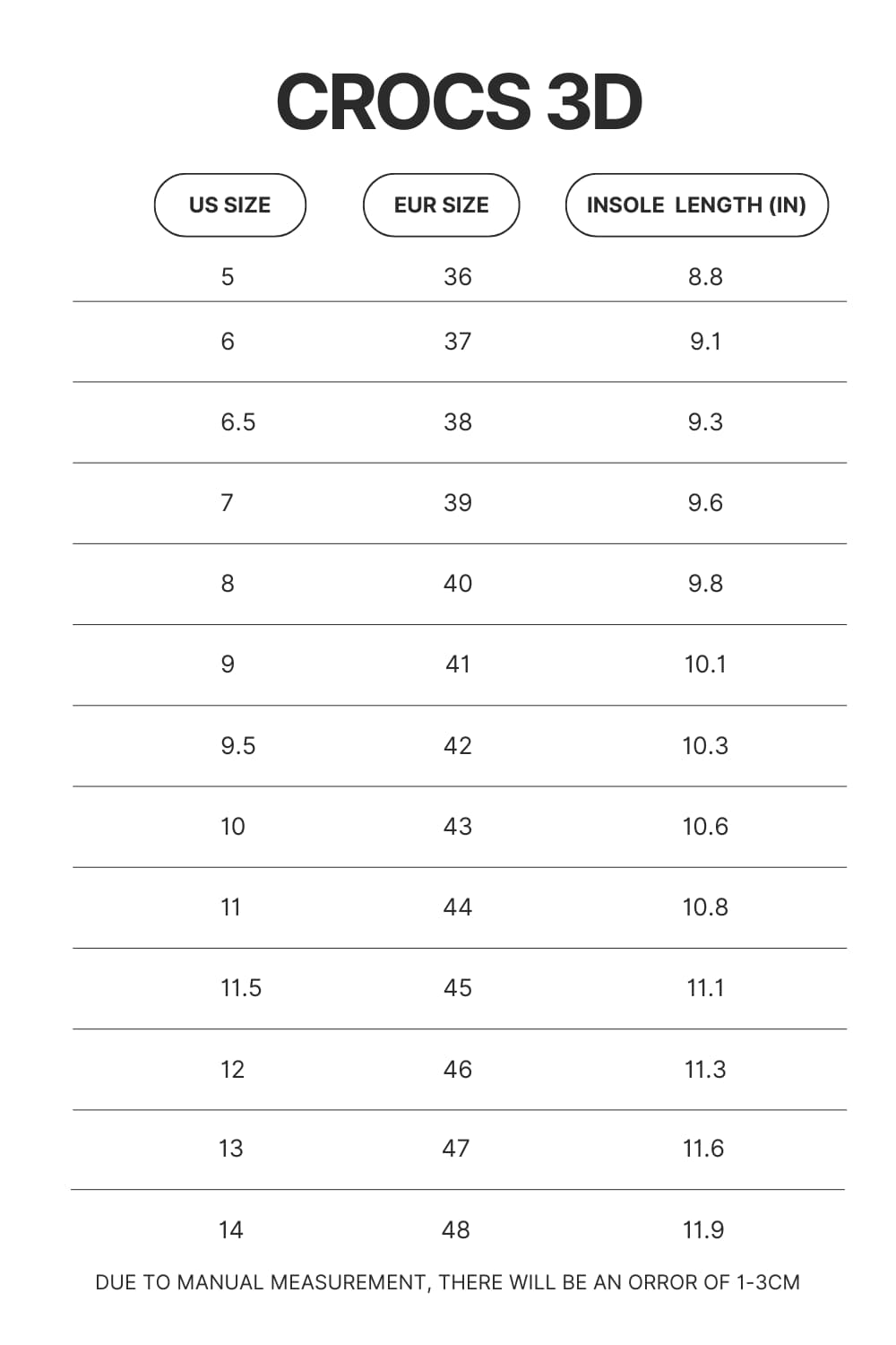 Crocs 3D Size Chart - Pierce The Veil Store