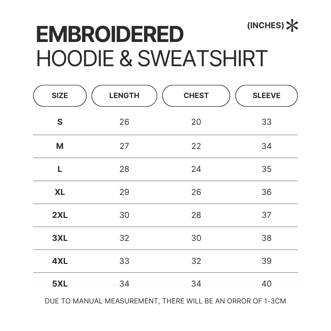 Embroidered Hoodie Sweatshirt Size Chart - Pierce The Veil Store