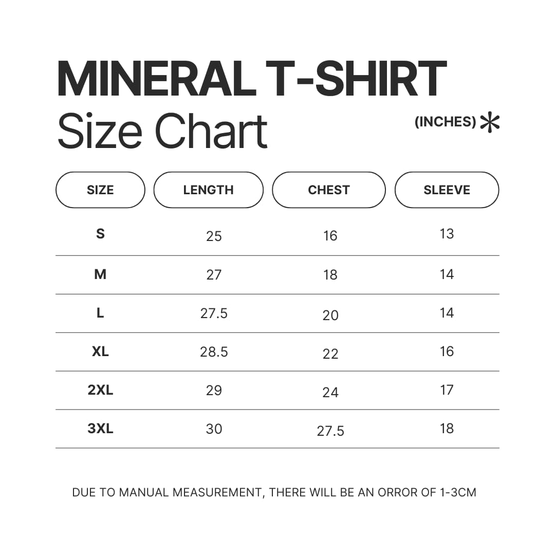 Mineral Wash T shirt Size Chart - Pierce The Veil Store