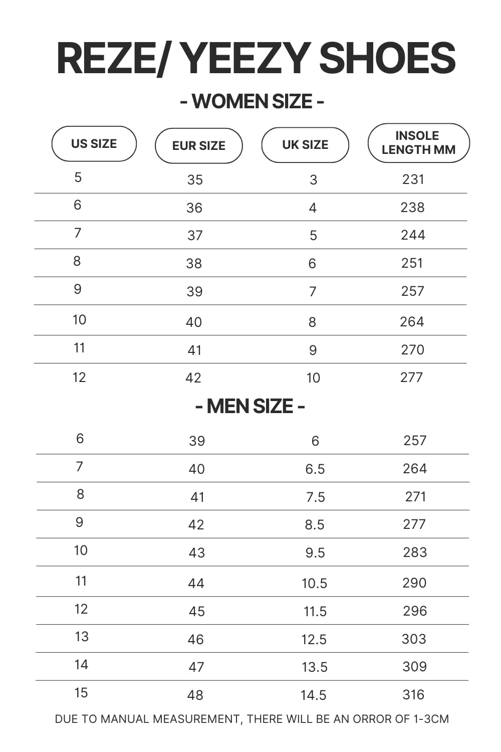 Reze Yeezy Shoes Size Chart - Pierce The Veil Store