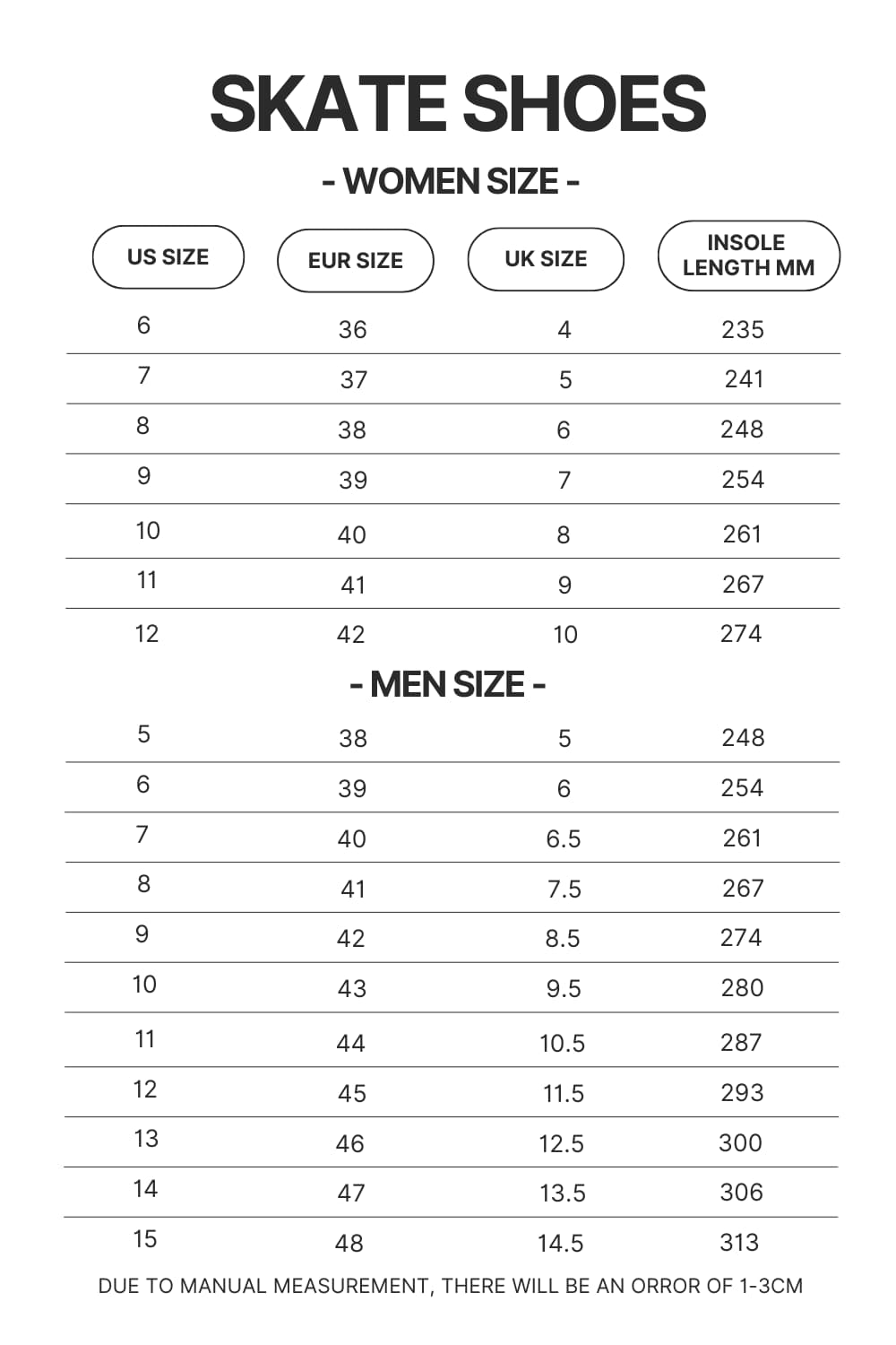 Skate Shoes Size Chart - Pierce The Veil Store